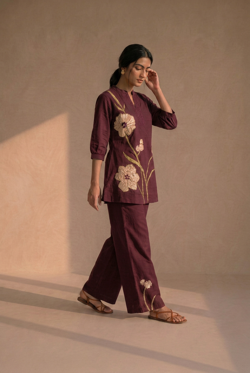 Burgundy Bloom Cotton Co-Ord Set