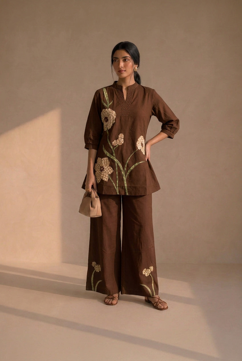 Chocolate Brown Bloom Cotton Co-Ord Set