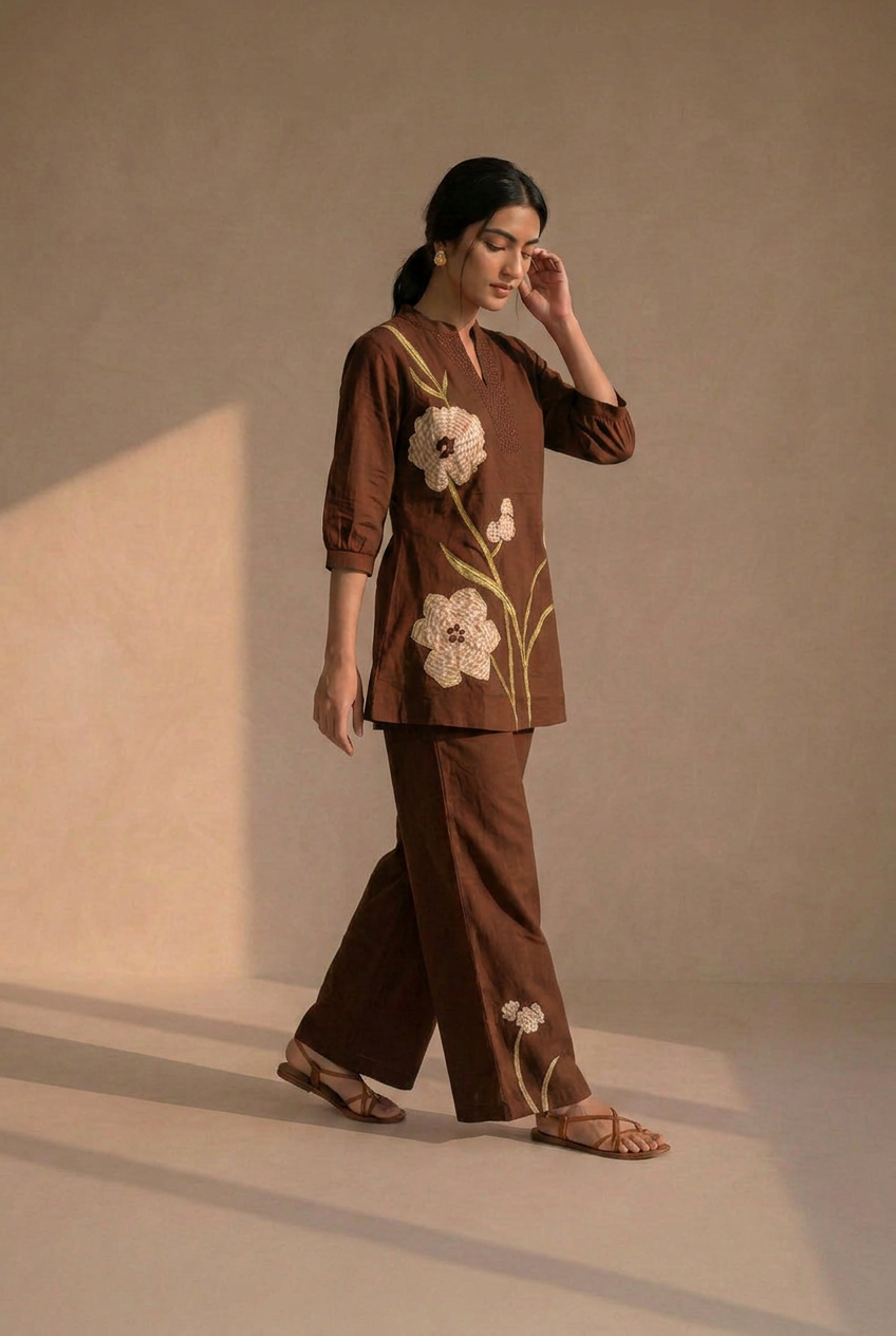 Chocolate Brown Bloom Cotton Co-Ord Set