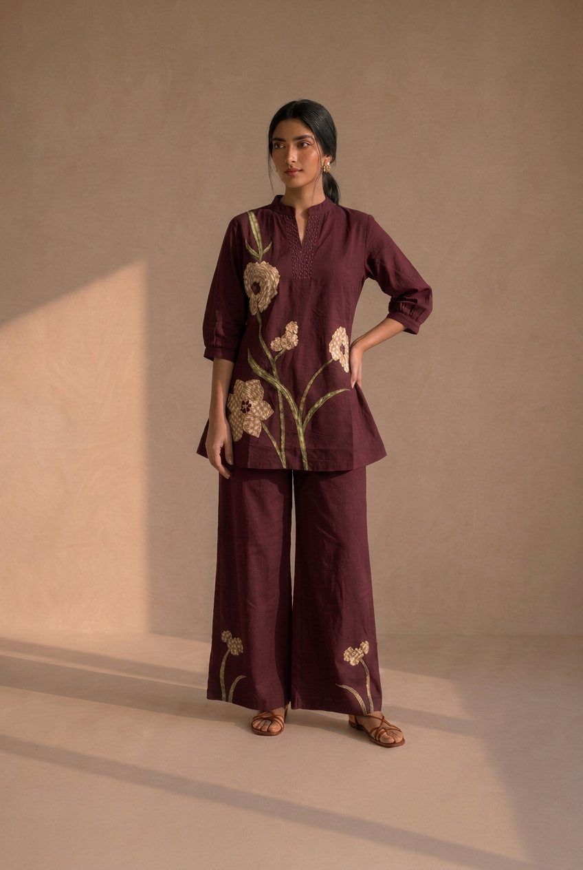 Burgundy Bloom Cotton Co-Ord Set